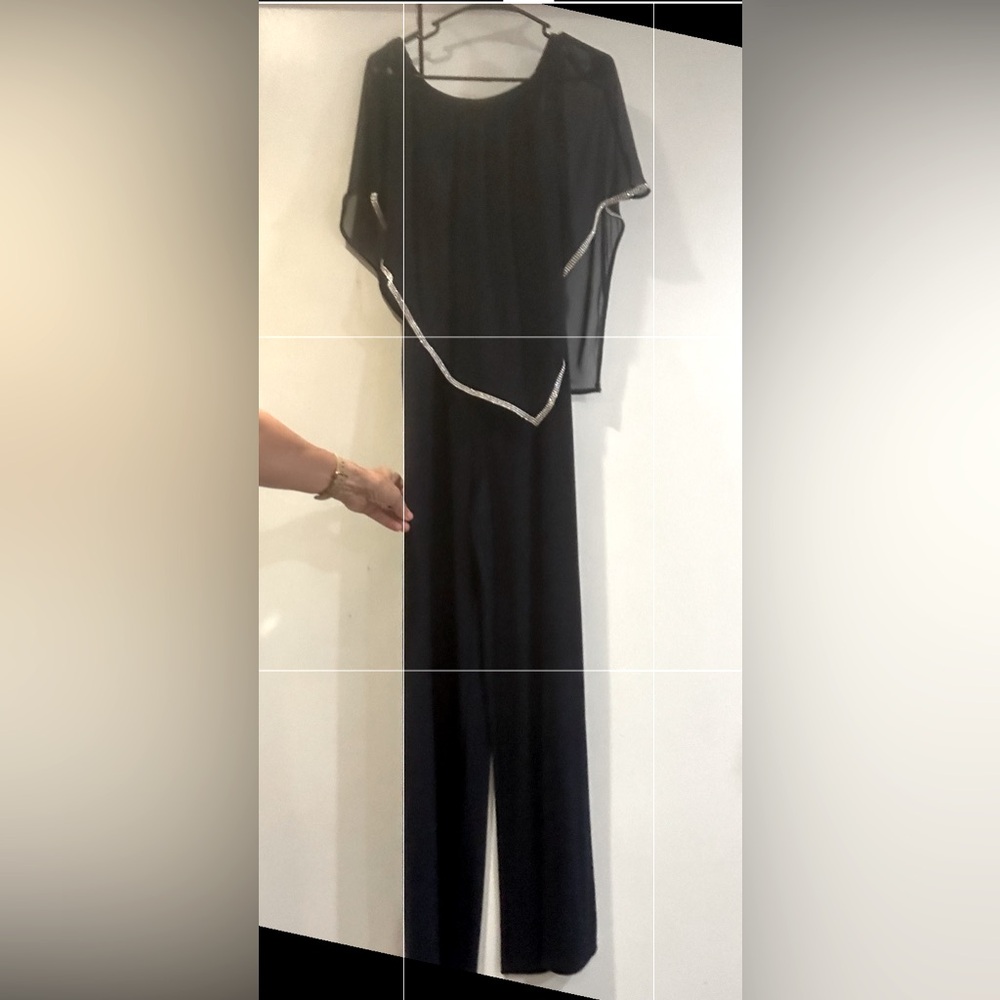 Cute formal long blue jumpsuit with sequin trim